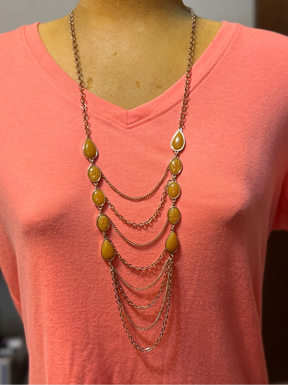 Layered Teardrop Pendant Necklace in Mustard Yellow